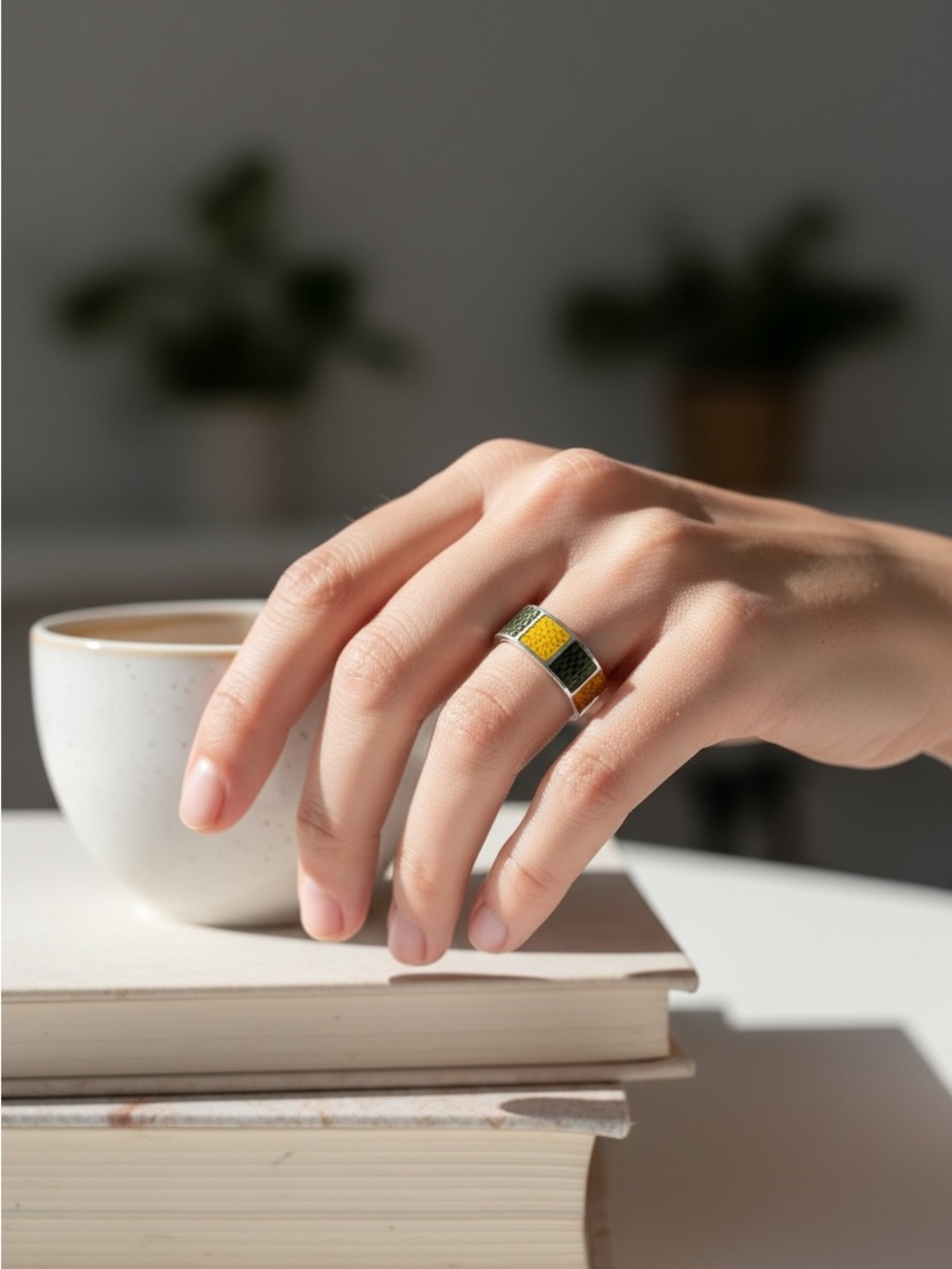 Louis Vuitton 925 Sterling Silver Ring with Green and Yellow Enamel Panels